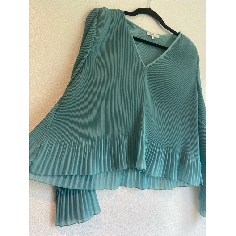 Madewell Womens Teal Pleated V-Neck Long Sleeve Blouse Flare Sleeve Elegant - Picture 3 of 16